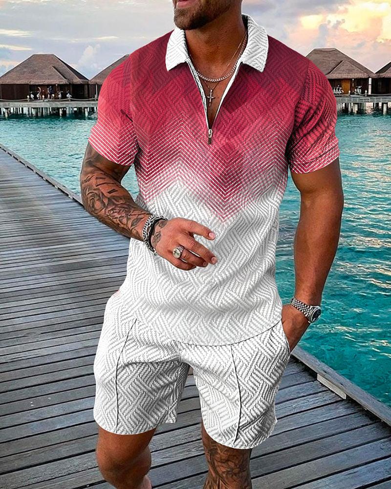 Athleisure Men's Solid Color Luxury Zip Up Polo Shirts and Shorts Street Casual Short Sleeve Zip Up Polo Shirts Solid Color Set