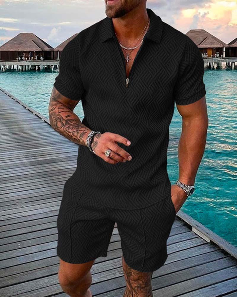 Athleisure Men's Solid Color Luxury Zip Up Polo Shirts and Shorts Street Casual Short Sleeve Zip Up Polo Shirts Solid Color Set