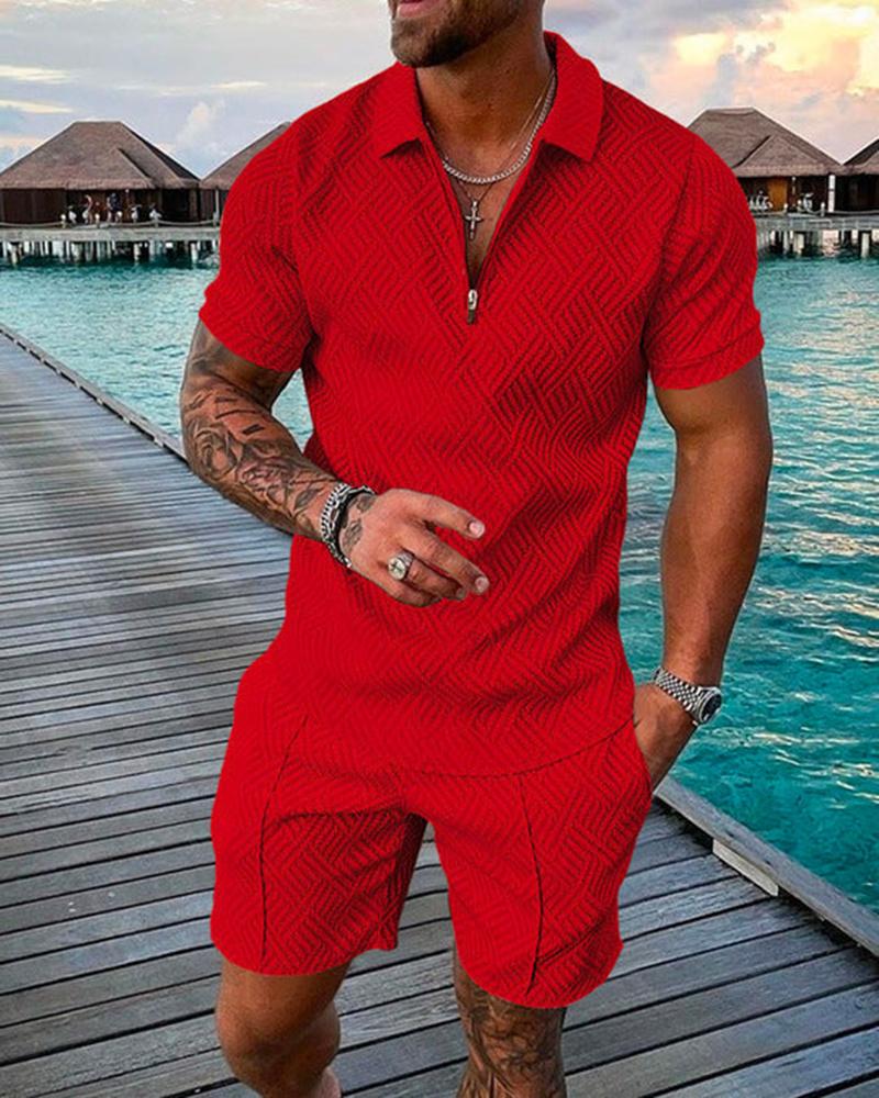 Athleisure Men's Solid Color Luxury Zip Up Polo Shirts and Shorts Street Casual Short Sleeve Zip Up Polo Shirts Solid Color Set