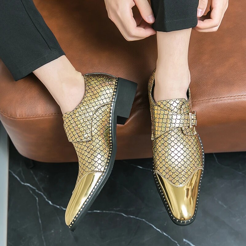 Gold Shoes for Men Wedding Loafers Pointed Toe Fish Scale Pattern Buckle Strap Silver Shoes Men with Free Shipping Size 39-45