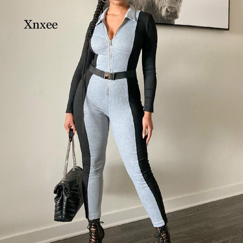 Spring and Autumn Women's Sexy Long Sleeve High Waist Catsuit Rib Knit Color Block One Piece Dress Lady