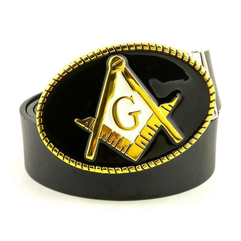 Casual Boys Waist Belt Male with Mason Freemasonry Gold/Black Enamel Metal Buckle Cool Western Cowboy Fashion Men Accessories