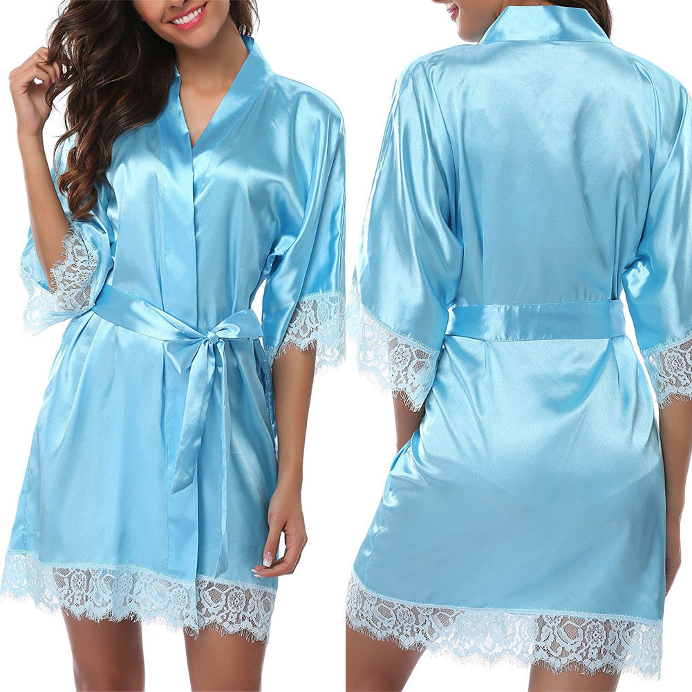 Silk Lace Dress Women's Sleepwear Mini Robe Half Sleeve Lace Bathrobe Sexy Lingerie Night Gown Thongs Nightdress