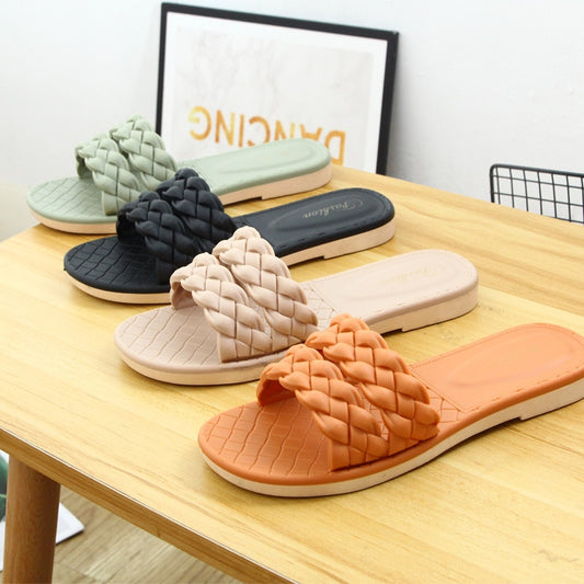 Women's Fashion Sandals Summer Flat Outside Slippers Casual Solid Color Weave Flip Flops Female Indoor Shoes