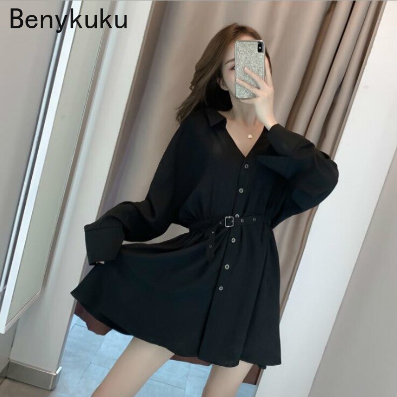 Gothic Black Blouse Women Shirt Dress Fashion Long Sleeve Sexy V Collar Clothes Spring Autumn Belted Slim Waist Punk Clothing