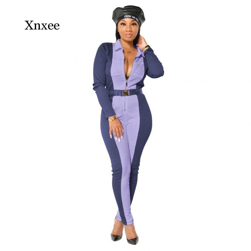 Spring and Autumn Women's Sexy Long Sleeve High Waist Catsuit Rib Knit Color Block One Piece Dress Lady