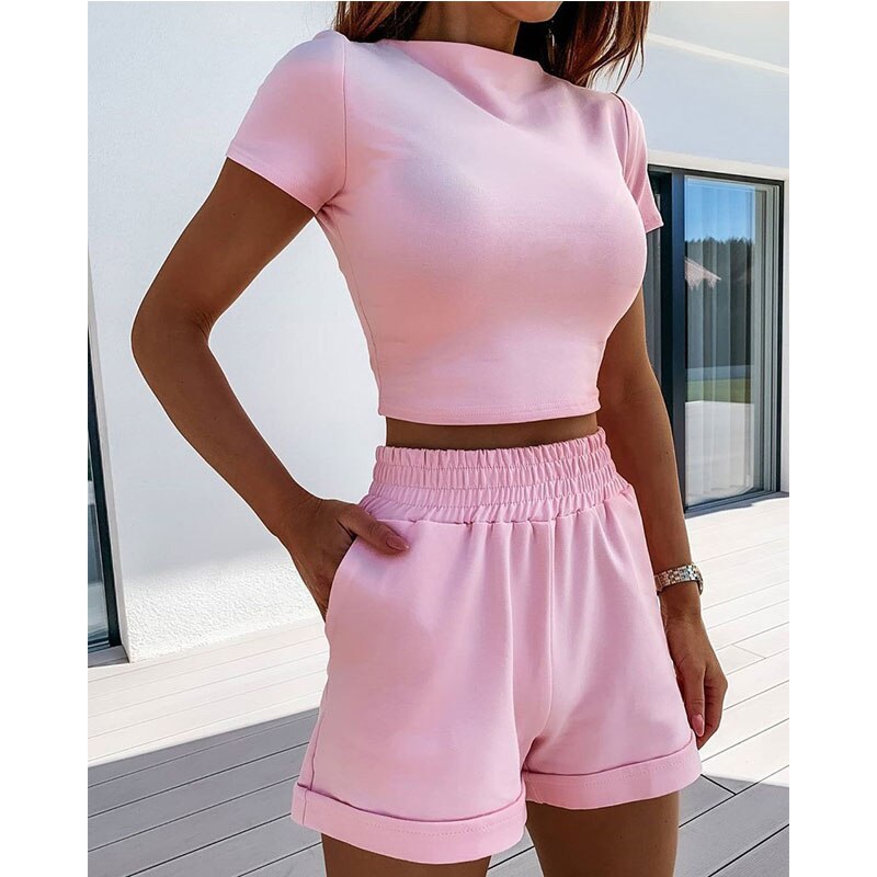 2piece Sets Women Summer Fashion Basic Sports Leisure Tops Shorts Active Casual T-shirt Shorts Loose Slim Suit Gym Wear