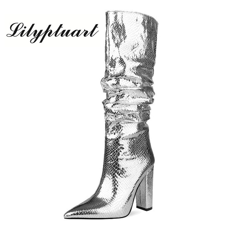 European and American style thick heel fold high boots side zipper women's boots silver boots large size women's shoes winter