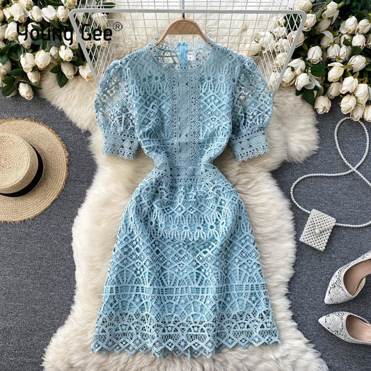 Young Gee Luxury Designer White Dresses Women High Waist Elegant Short Sleeve Mini Female Vintage O-neck Dress Vestidos Mujer