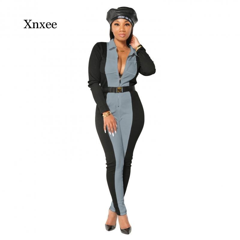 Spring and Autumn Women's Sexy Long Sleeve High Waist Catsuit Rib Knit Color Block One Piece Dress Lady