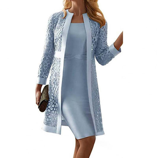 Elegant Women Dress Set Outfits Solid Color Lace Long Sleeve Cardigan Coat Dress Set Fashion Office Lady Dress Sets Party