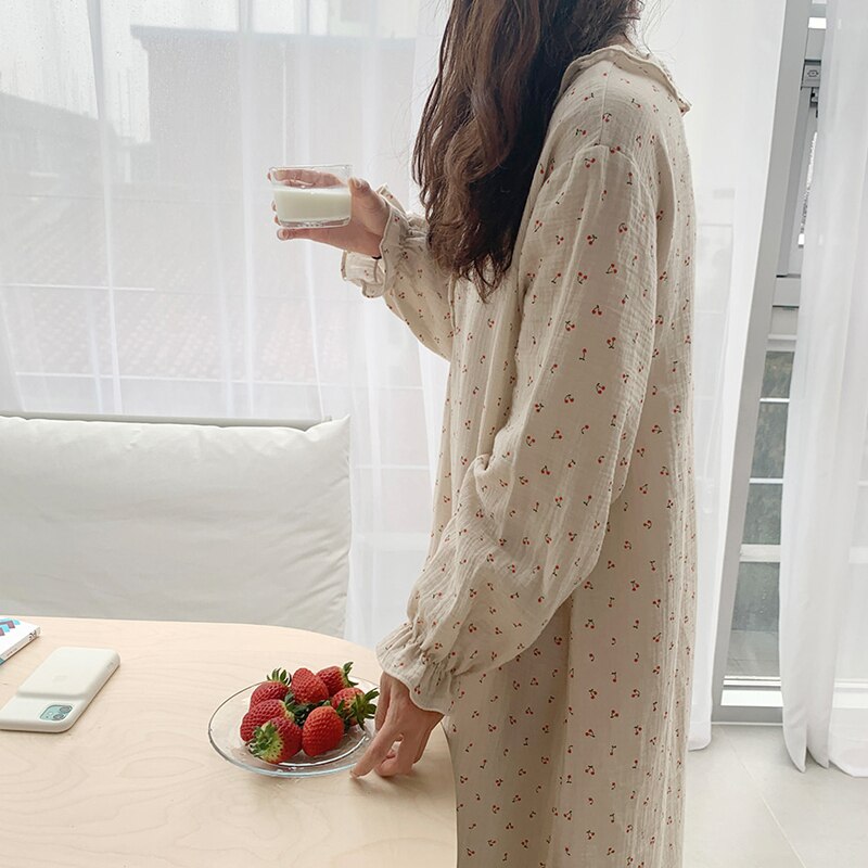 Ruffles Sleep Dress Women Long Sleeve Kawaii Cherry Print Korean Sleepwear Homewear Long Dress Autumn Elegant Casual Loose A001