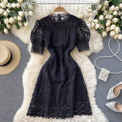 Young Gee Luxury Designer White Dresses Women High Waist Elegant Short Sleeve Mini Female Vintage O-neck Dress Vestidos Mujer