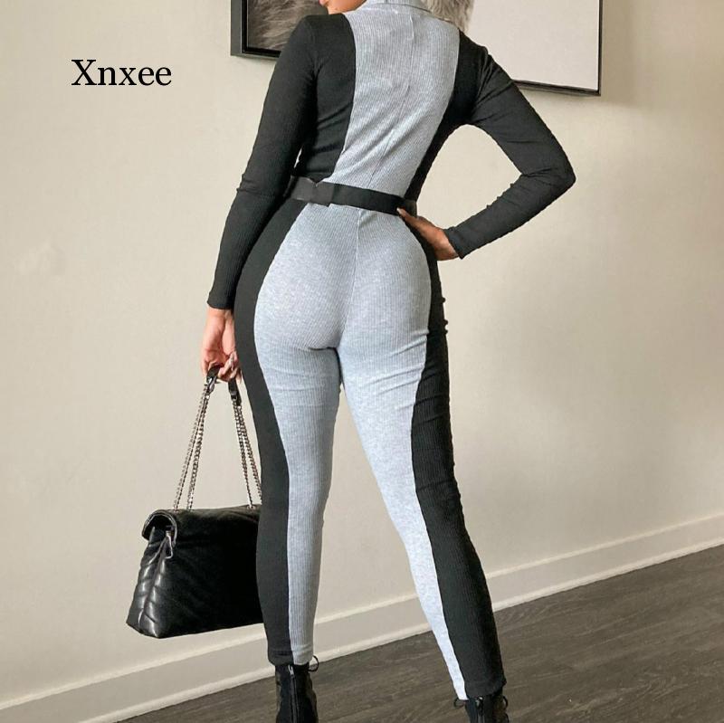 Spring and Autumn Women's Sexy Long Sleeve High Waist Catsuit Rib Knit Color Block One Piece Dress Lady