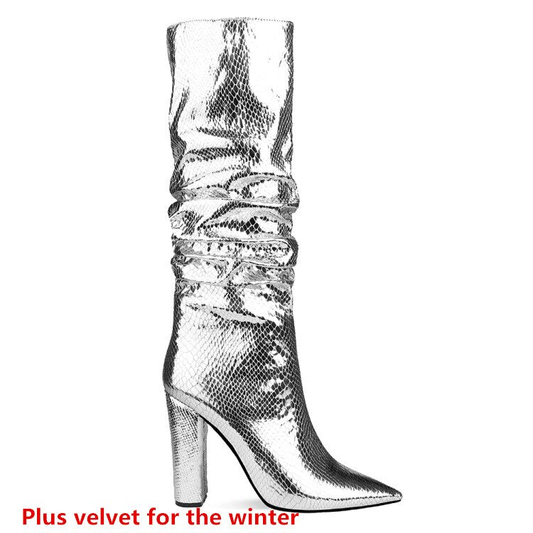 European and American style thick heel fold high boots side zipper women's boots silver boots large size women's shoes winter