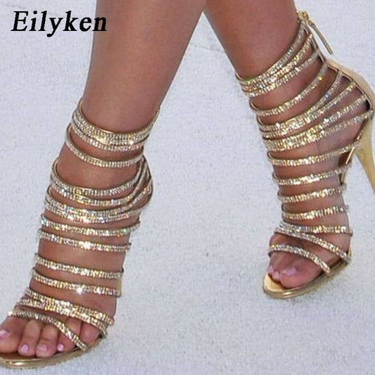 Eilyken Gold Bling Crystal Sexy Sandals High Heels Strappy Gladiator Women Sandal Stiletto Wedding Sandalias De Mujer