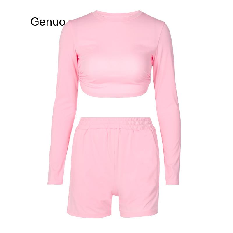 Pink Active Wear Two Piece Set Women Sexy Backless Long Sleeve Crop Top Shorts Tracksuit Womens Summer Loungewear Set