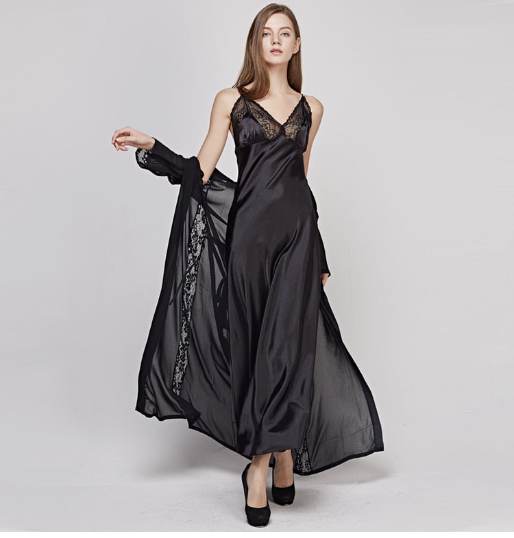 Sexy Sling Dress Sleeping Robe Two-Piece Faux Silk Sleepwear Women Elegant Lady Lace Long-Sleeve Nightgowns Bathrobes T0008