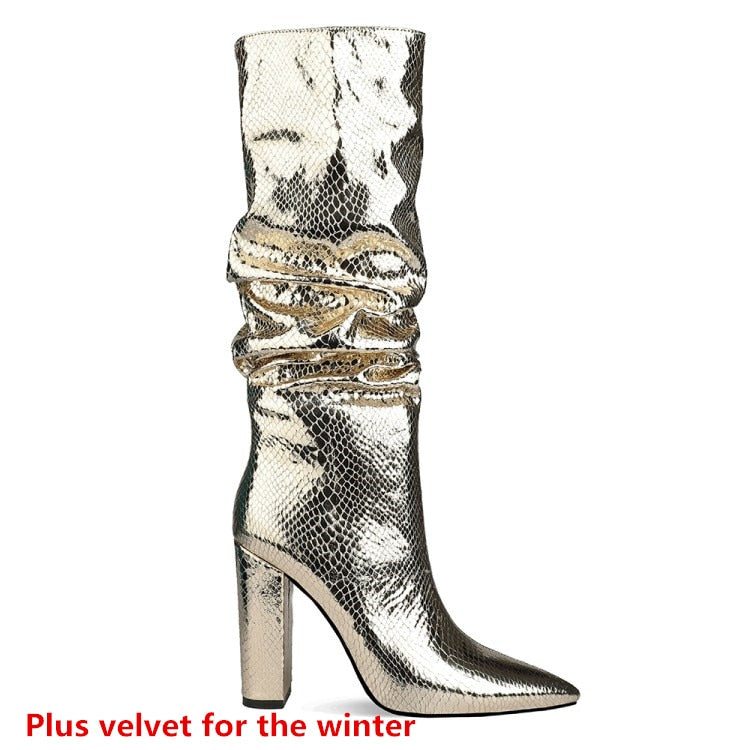 European and American style thick heel fold high boots side zipper women's boots silver boots large size women's shoes winter