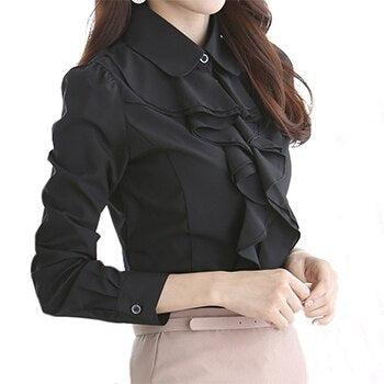 Peter Pan Collar Chiffon Blouse Office Lady Dress Shirt With Ruffles Long Sleeve Black / White