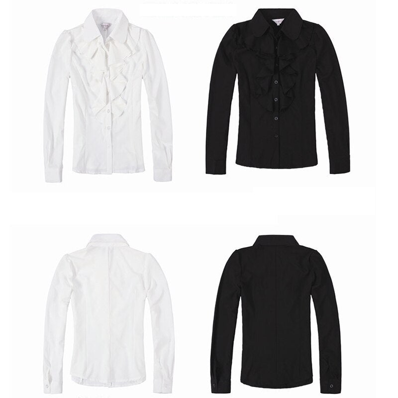 Peter Pan Collar Chiffon Blouse Office Lady Dress Shirt With Ruffles Long Sleeve Black / White