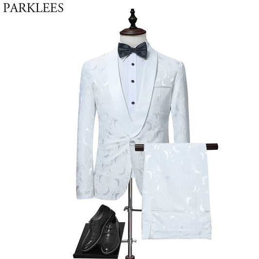 Mens White Floral One Button Suits Party Wedding Groom Tuxedos Groomsmen 2 Piece Suit (Jacket+Pants) Male Costume Mariage Homme