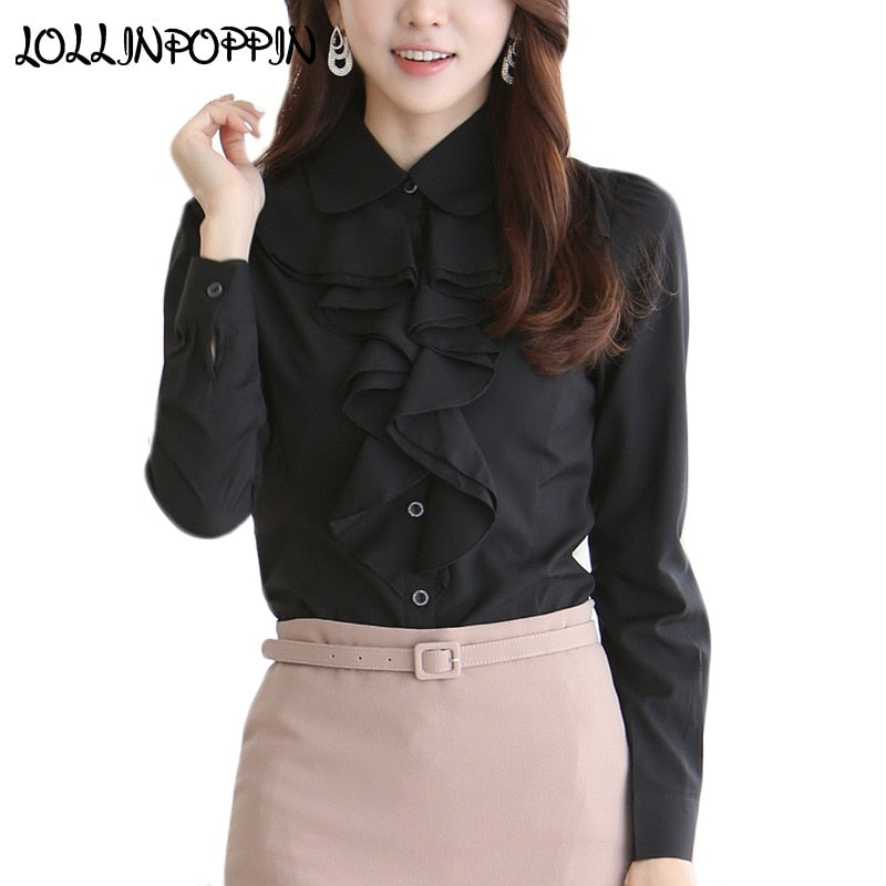 Peter Pan Collar Chiffon Blouse Office Lady Dress Shirt With Ruffles Long Sleeve Black / White