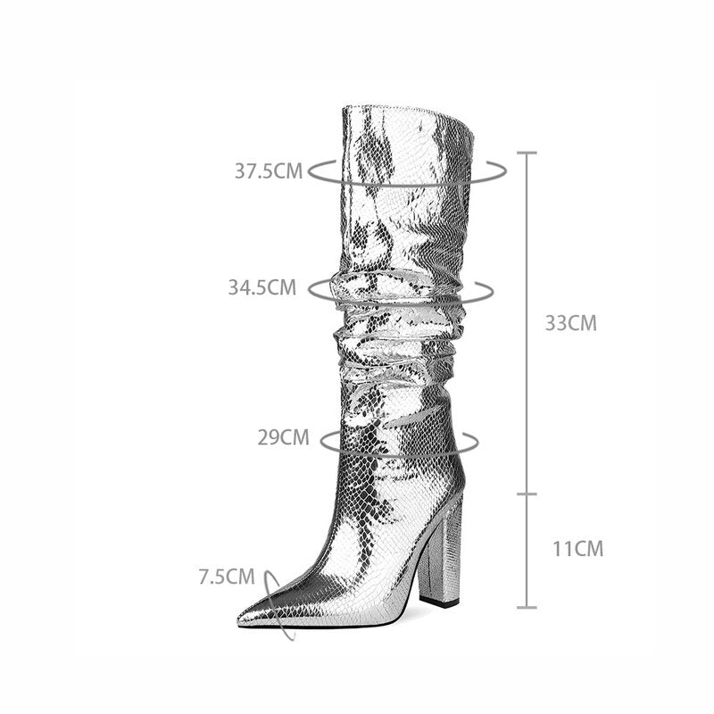 European and American style thick heel fold high boots side zipper women's boots silver boots large size women's shoes winter