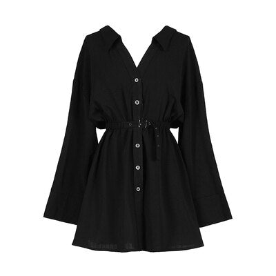 Gothic Black Blouse Women Shirt Dress Fashion Long Sleeve Sexy V Collar Clothes Spring Autumn Belted Slim Waist Punk Clothing