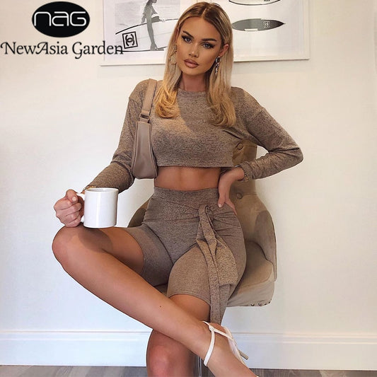 NewAsia Elastic 2 Piece Set Women Long Sleeve Crop Top And Bandage Biker Shorts Sets Casual Sporty Workout Active Wear Matching