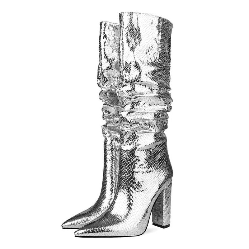 European and American style thick heel fold high boots side zipper women's boots silver boots large size women's shoes winter