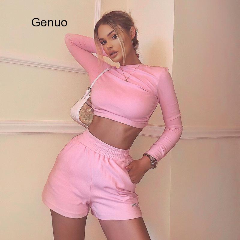 Pink Active Wear Two Piece Set Women Sexy Backless Long Sleeve Crop Top Shorts Tracksuit Womens Summer Loungewear Set