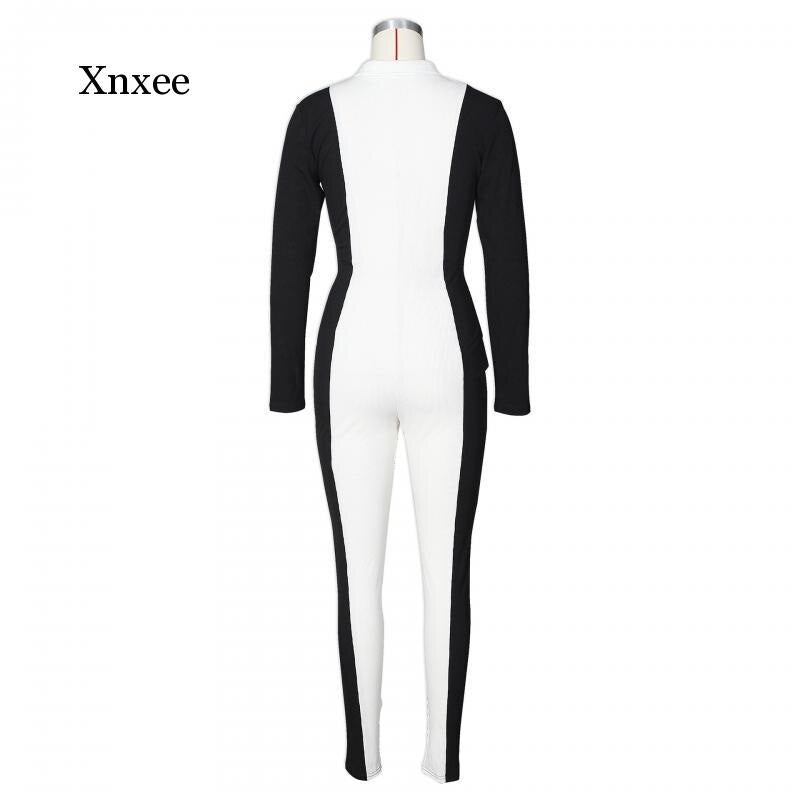 Spring and Autumn Women's Sexy Long Sleeve High Waist Catsuit Rib Knit Color Block One Piece Dress Lady