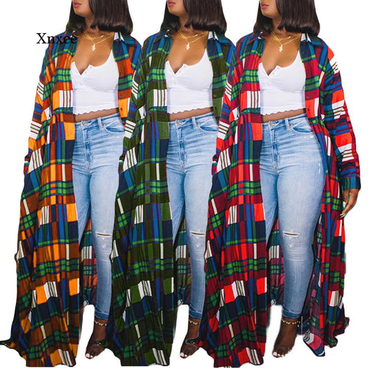 Plaid Lapel Long Shirt Dress Coat Spring Summer Single-Breasted Women Streetwear Vintage Vestidos  Ladies Dresses