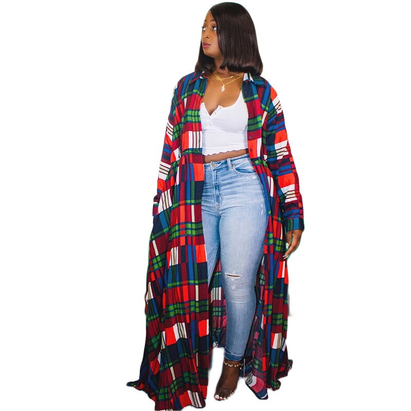 Plaid Lapel Long Shirt Dress Coat Spring Summer Single-Breasted Women Streetwear Vintage Vestidos  Ladies Dresses