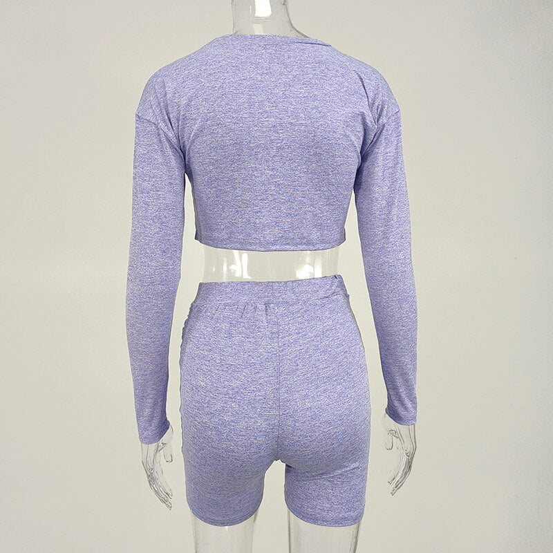 NewAsia Elastic 2 Piece Set Women Long Sleeve Crop Top And Bandage Biker Shorts Sets Casual Sporty Workout Active Wear Matching