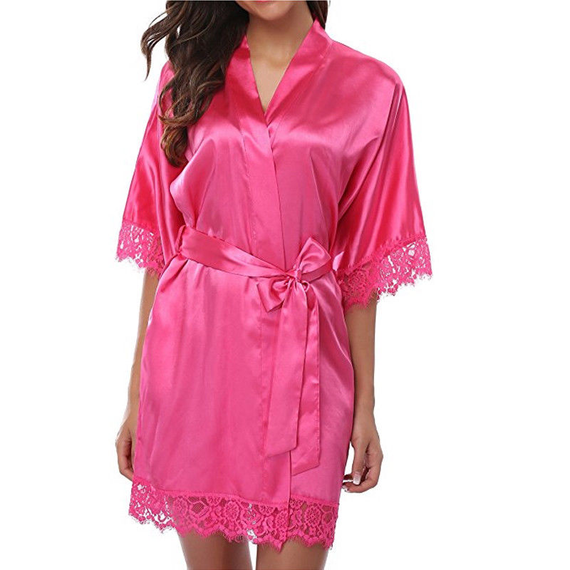 Silk Lace Dress Women's Sleepwear Mini Robe Half Sleeve Lace Bathrobe Sexy Lingerie Night Gown Thongs Nightdress