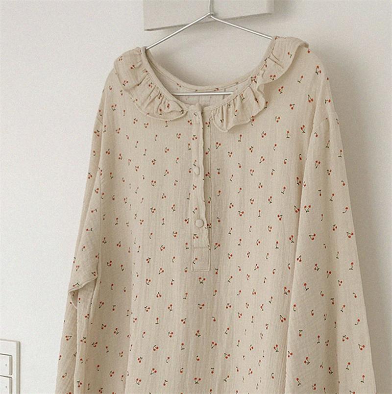 Ruffles Sleep Dress Women Long Sleeve Kawaii Cherry Print Korean Sleepwear Homewear Long Dress Autumn Elegant Casual Loose A001