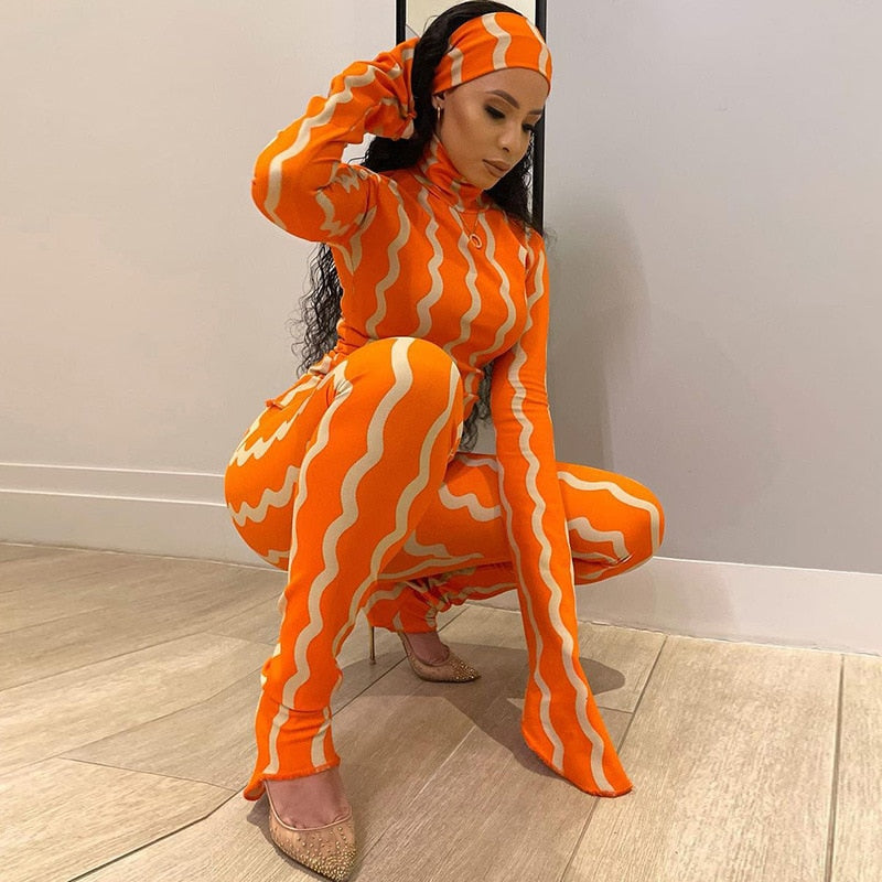 Autumn Stand Collar Stripes Print Women Long Sleeve Pencil Jumpsuit Suit Active Wear Tracksuit Two Piece Set Fitness Outfits