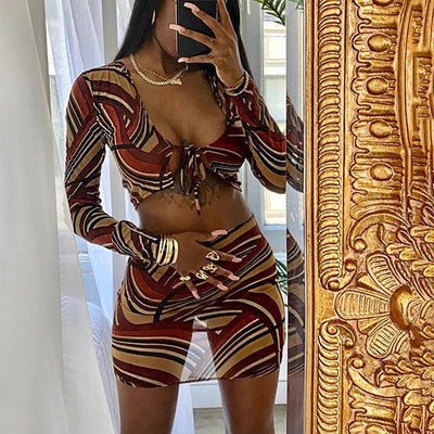 Sexy Mesh See Though 2 Piece Outfits Full Sleeve Low-Neck Bandage Sling Crop Top Mini Dress Matching Set Fashion Clubwear