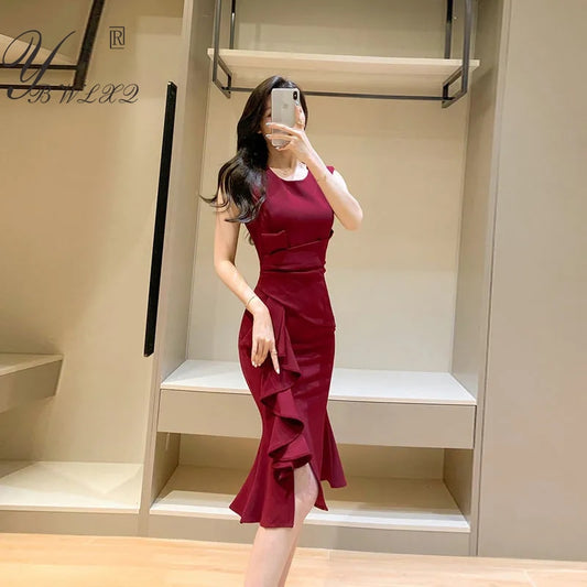 French Style Ruffle Folds Elegant Fashion Dress Summer Solid O-Neck Sleeveless Midi Slim Dress Women Chic Temperament Dresses