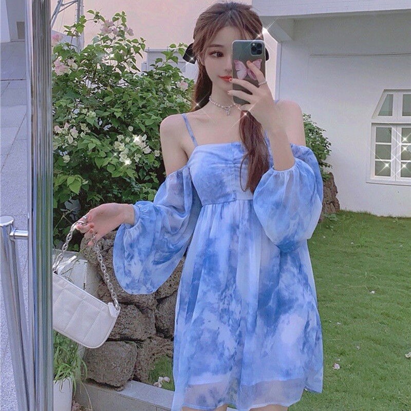 Mini Dress Women Tie Dye Mesh Tender Fashion Spaghetti Strap Long Sleeve Design Retros Casual Cute Japanese Style High Quality