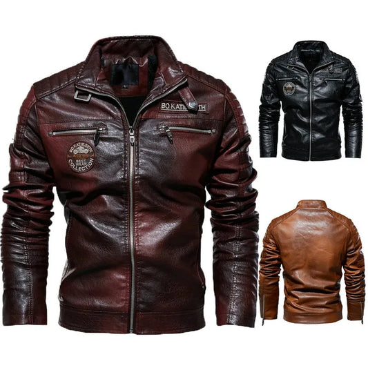 New Autumn and Winter Men's High Quality Fashion Coat Leather Jacket Motorcycle Style Casual Waterproof Jacket Black Warm Coat