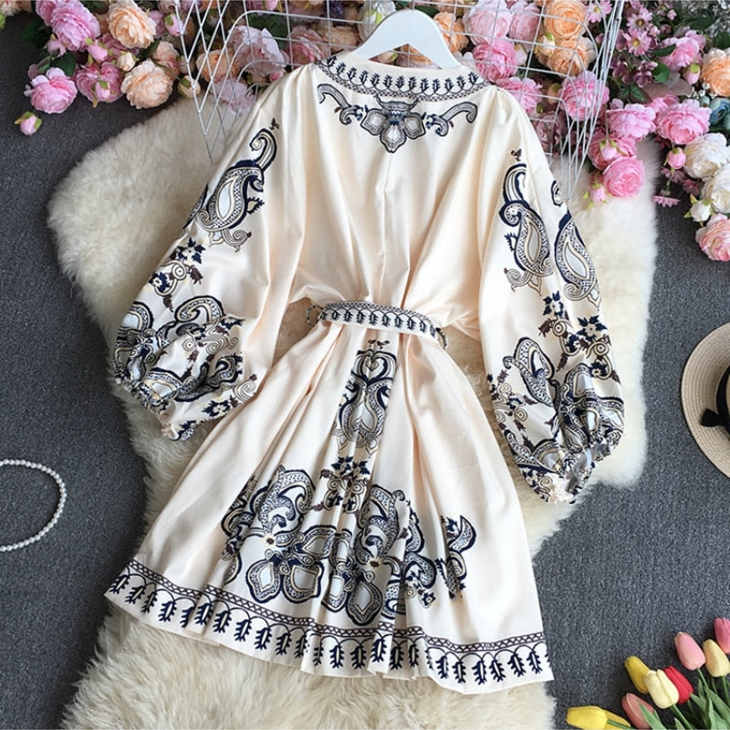 Spring Vintage Printed V-neck Long Sleeved Short Dress Retro Floral Single Breasted Waist Ribbon A-line Midi Dress