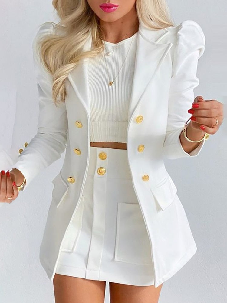 New Spring and Autumn Leisure Fashion Suit Women's Double-breasted Long Sleeve Skirt Suit 2-piece Office Women Dress Skirt Set