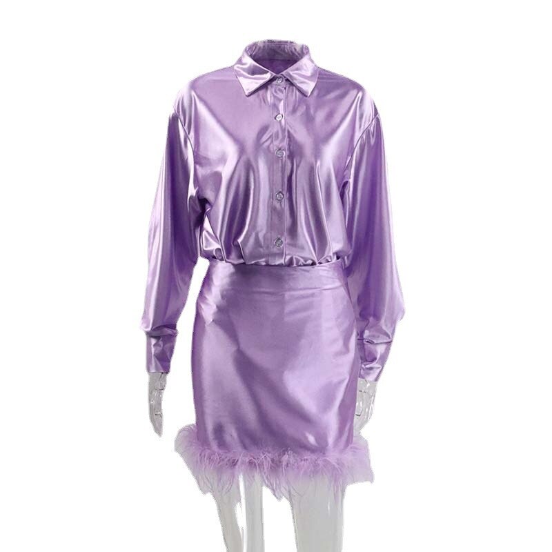 2022 Spring And Summer Women Long Sleeve Plain Satin Feather Decorative Lining Dress