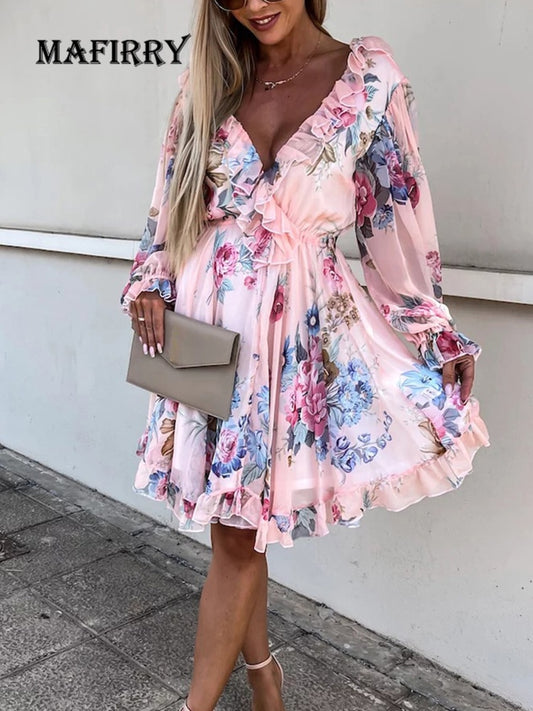 Women Hollow Out Summer Long Sleeve Dress Sexy High Waist Backless V Neck Dress Casual Ruffles Patchwork Party Dress Vestido New