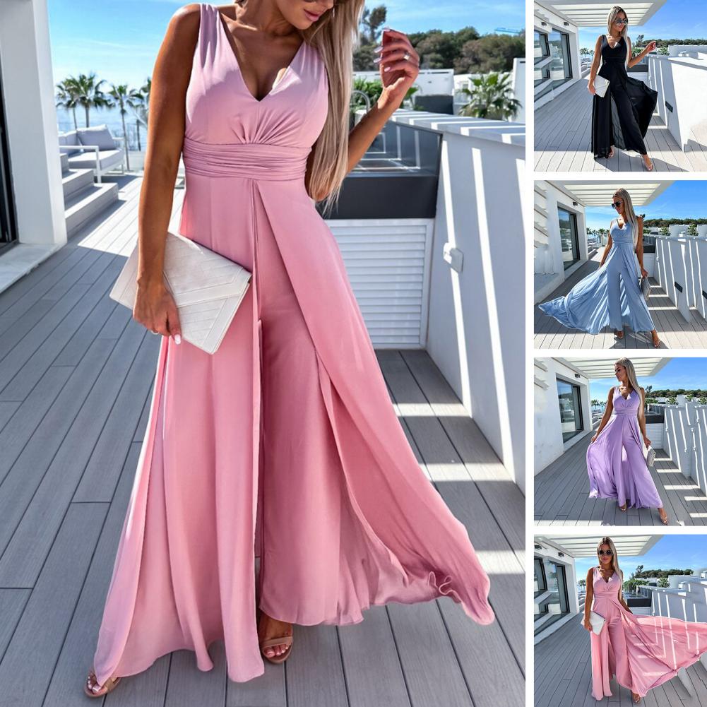 Prom Jumpsuit Double Layers Lady Dress Wide Leg Split Hem Lady Jumpsuit Women Garment