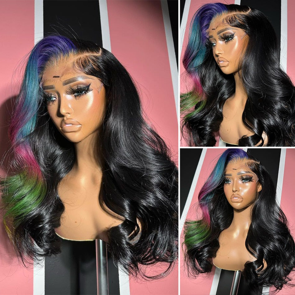 Highlight Blue Pink Green Body Wave Lace Frontal Wig Transparent Lace Front Human Hair Wigs 30 32 Inch 5x5 Lace Wig Pre Plucked