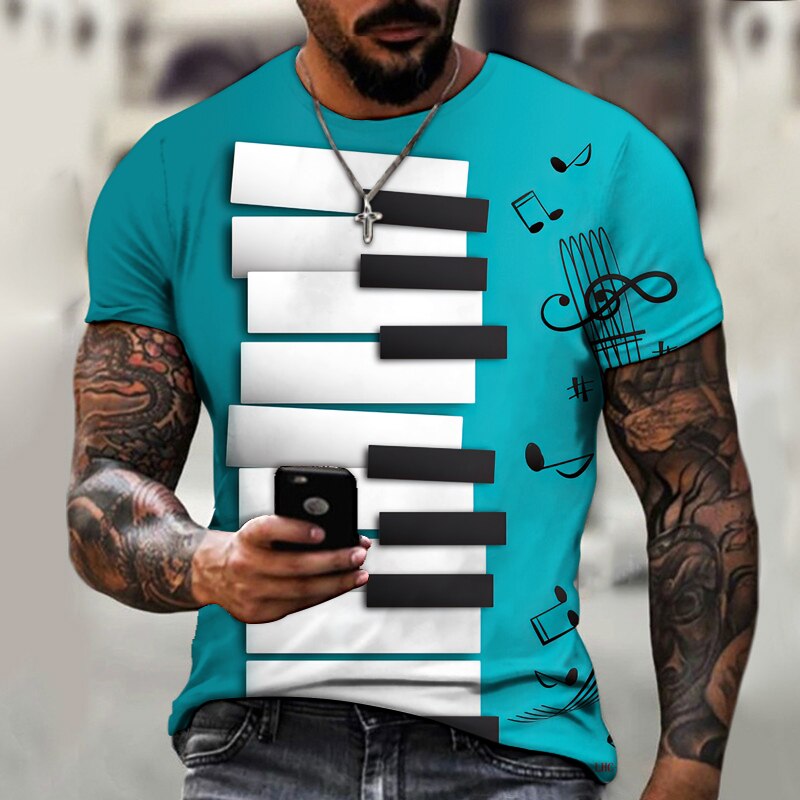 Men's T-Shirt Music Notes Piano Keys 3D Printed Lycra Polyester Shirt Men's Short Sleeve Fashion Oversized Summer Dress